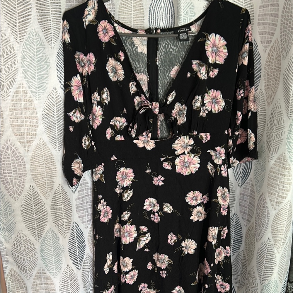 Rue21 Black Dress Top with Pink Floral Tie-Front
